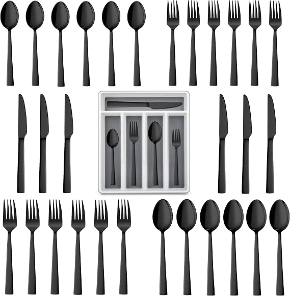 LIANYU 20-Piece Black Silverware Set with Tray, Stainless Steel Square Flatware Cutlery Set for 4, Black Eating Utensils for Home Restaurant, Dishwasher Safe, Mirror Finished