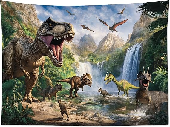 HVEST Dinosaur Tapestry Wall Hanging Wild Animal Dinosaur in Green Forest Wall Art Mountain Waterfall Nature Landscape Tapestry for Bedroom Living Room Teen Dorm Party Wall Decor,60L X 80W inches