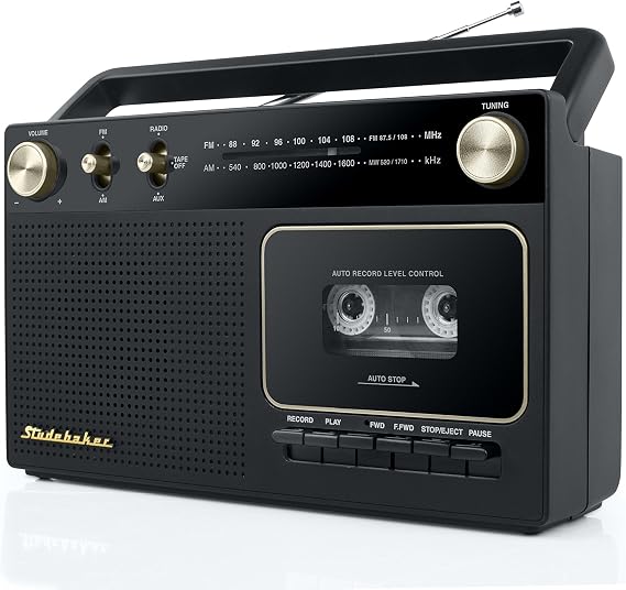 Studebaker Portable Retro Home Audio Stereo AM/FM Radio & Cassette Player/Recorder with Aux Input Jack & Built in Speakers (Gold)