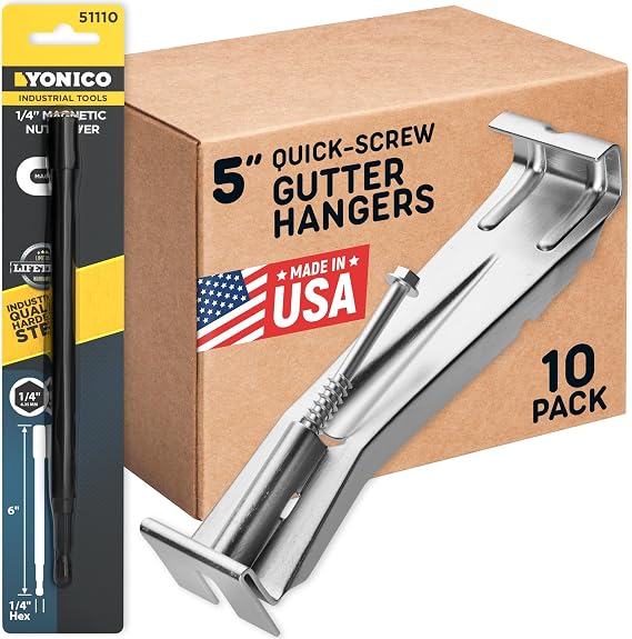 Quick Screw Gutter Hangers 5 Inch- 10 Pack - 5 Inch Gutter Clips with Bonus 6 Inch Drill Bit - Hidden Bracket Clips with Pre-Assembled Screw - Fix Sagging Rain Gutters