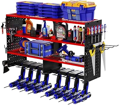 FAHKNS Power Tool Organizer Wall Mount, 4 Layer Heavy Duty Metal Tool Storage Rack, Garage Wall Organizers with 8 Drill Holder Screwdriver Holder, Cordless Tool Organizer for Garage Workshop Shed