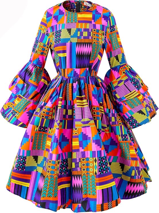 Women's African Ruffle Long Sleeve Dress Ankara Print Maxi Dresses