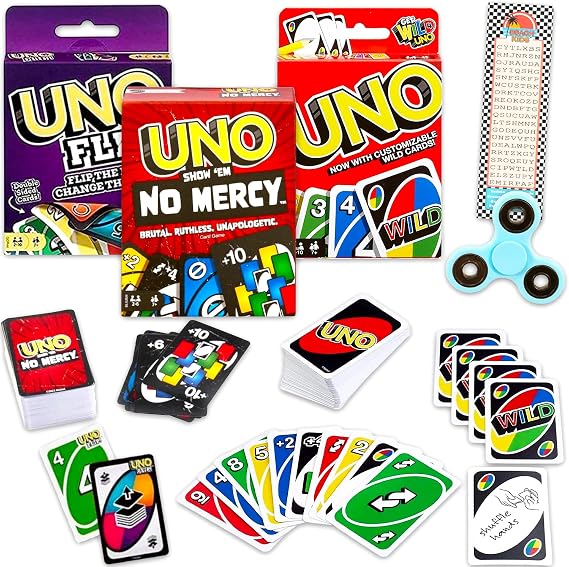 Mattel UNO Expansion Deck - 3 Piece Set with All Wild, Inverted and Ruthless Decks for Kids Plus Bookmarks, More | Card Games for Kids, Night