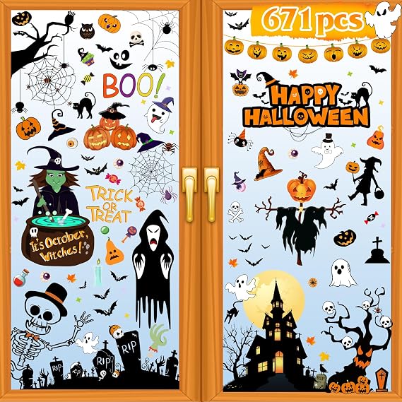 Halloween Decorations 671 PCS Halloween Window Clings, 10 Sheets Large Halloween Window Decorations Stickers DoubleSided Removable Glass Window Decals, Happy Halloween Window Clings for Kids Party