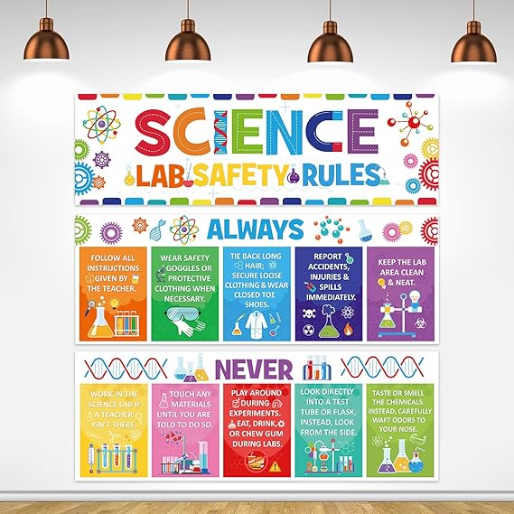Harloon 3 Pieces Science Lab Safety Rules Posters Science Bulletin Board Decorations Banner Posters for Educational Chemistry Lab Wall Decor Supplies(Bright)