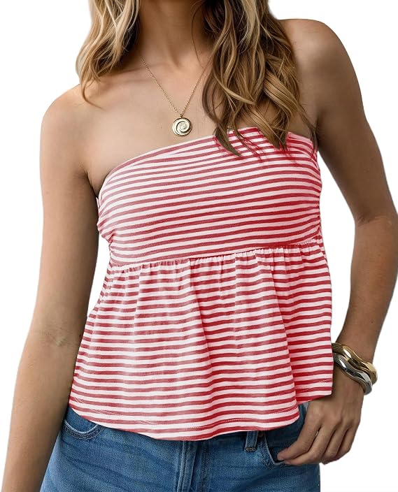 Women Ruffle Hem Striped Bandeau Tube Tops Y2k Strapless Sleeveless Peplum Flowy Blouse Shirts Summer Going Out Tank