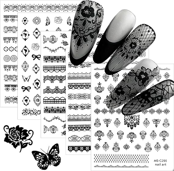 EBANKU 9 Sheets Lace Nail Art Stickers, Black Lace Flower Design | 3D Self-Adhesive Nail Sticker Decal for Women Girls DIY Nail Art Decoration