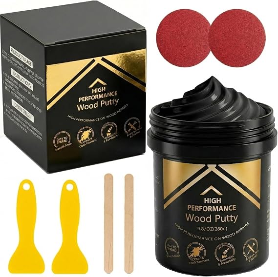 Deuvuo Black Wood Filler Putty, High-Performance Black Wood Filler Paste kit - Quickly Fix Wood Cracks and Blemishes with Wood Hole Filler - Paintable, Stainable, Sandable & Quick Drying - 9.87 Ounce