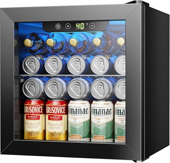 Icyglee 48 Can Beverage Refrigerator Cooler, Mini Fridge Glass Door with Adjustable Shelves, Freestanding Beverage Fridge with Blue LED for Home/Office/Dorm/Bar, 1.3 Cu.ft