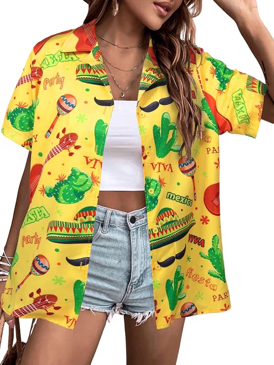 Mexico Shirts for Women Mexican Hawaiian Shirt Vacation Button Down Tops
