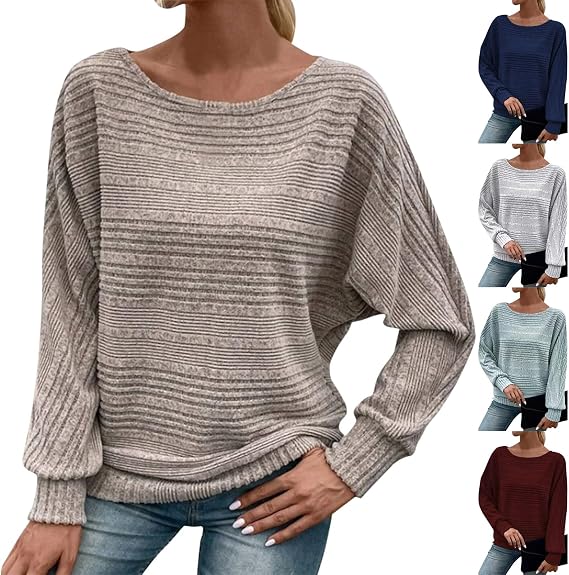 Batwing Oversized Sweaters for Women Ribbed Long Sleeve Knit Tops Casual Crewneck Pullover Trendy Loose Fit Shirts