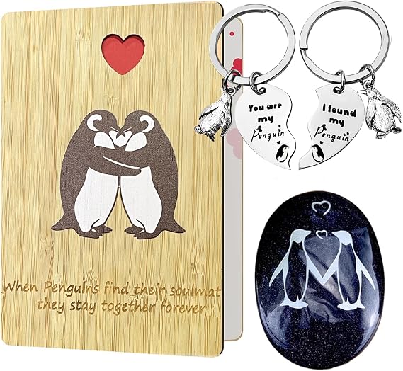 4 Pcs Heart Keyring Gift Set, You are My Penguin Keyrings with Greeting Card, Pebble and Pouch for Him, Her, Love Gift for Valentines Day