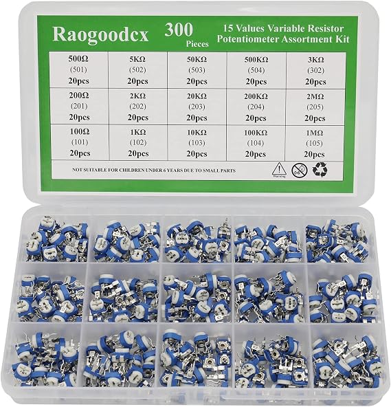 300Pcs 15 Value 100 ohm- 2M ohm trim pots Variable Resistor 6mm Potentiometer Assortment Kit