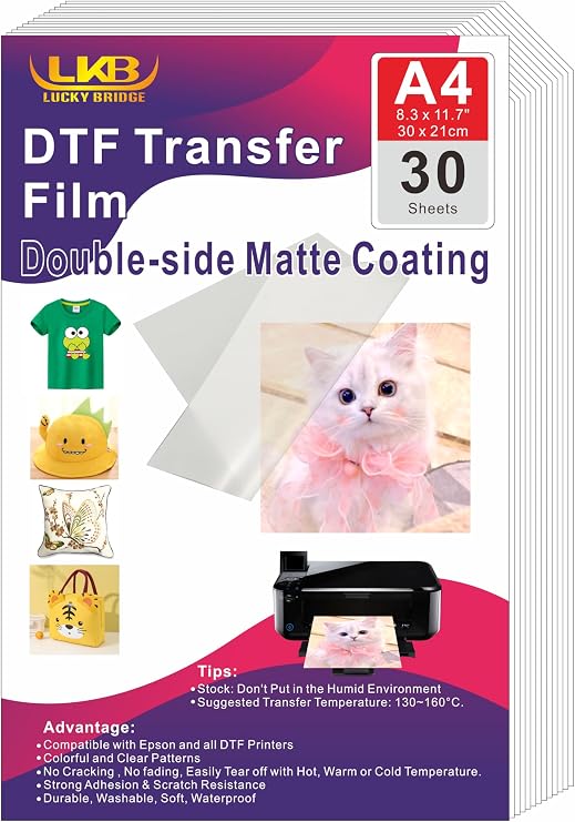 A4 30 Sheets DTF Transfer Film - A4(8.3" x 11.7") Double-Sided Matte Clear for Epson DTF Printer PET Heat Transfer Paper for DYI Direct Print on T-Shirts Textile US (A4-30 Sheets)