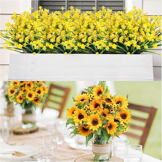 AmyHomie 2 Bunches Artificial Sunflower Bouquets and 20 Bundles Yellow Fall Artificial Flowers for Outdoor Fall Decor