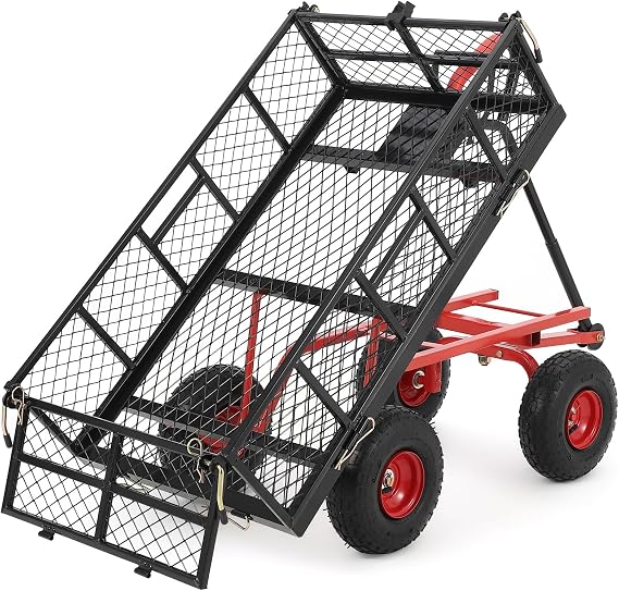 Heavy Duty Steel Garden Dump Cart, 880LBS Meatl Utility Wagon with Removable Sides & 180 Rotating Handle, Utility Dump Cart with 10-Inch All Terrain Wheels for Yard Lawn and Farm