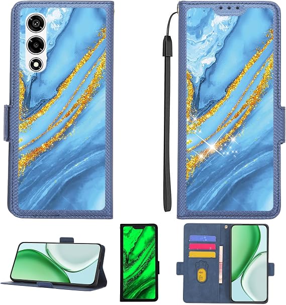 Kinetijy Case Compatible for Lava Play Max Phone Case Flip Cover [with Tempered Glass Screen Protector][RFID Blocking][Gold Glitter+Luminous] PTL-LDL