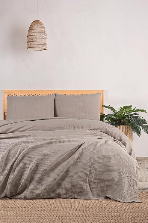 RAYME TEKSTIL Müslin Yatak Örtüsü Seti, Şık Düz Renk 100% Pamuk 4 Kat Muslin Tek/Çift Kişilik Yastık Kılıflı Pike Takımı, Denizli Üretimi (Gri, Çift Kişilik Set (230x250 cm))
