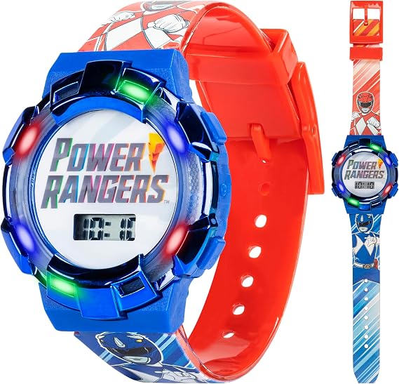 Power Rangers Kids Watch Light-Up Bezel with Rotating Lights, LCD Display, Easy-to-Read, Adjustable Plastic Strap Perfect for Boys and Girls