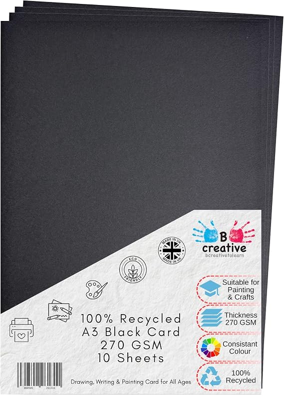 A3 Recycled Black Coloured Card 270gsm Pack of 10 Sheets by BCreative®