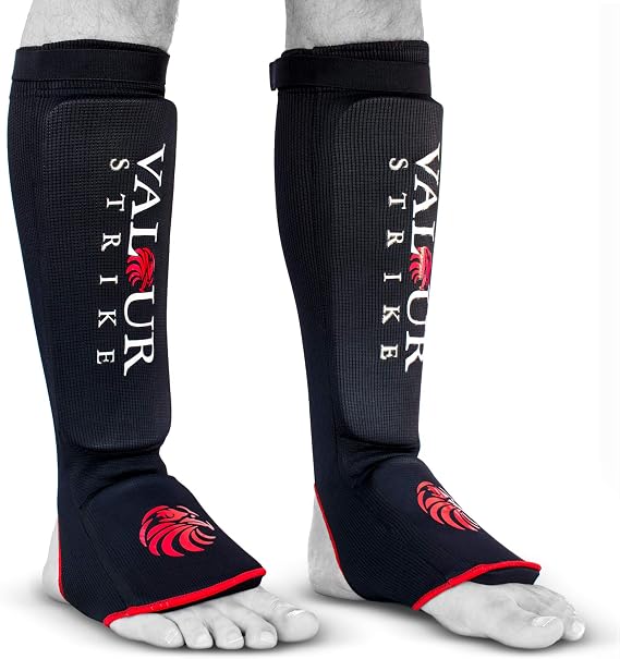 Valour Strike Shin Guards for Kickboxing Muay Thai MMA Karate Martial Arts Taekwondo or Kick Boxing | Sparring Sock Pads to Guard Leg Foot & Instep | Protective Equipment for Safe Support in Training