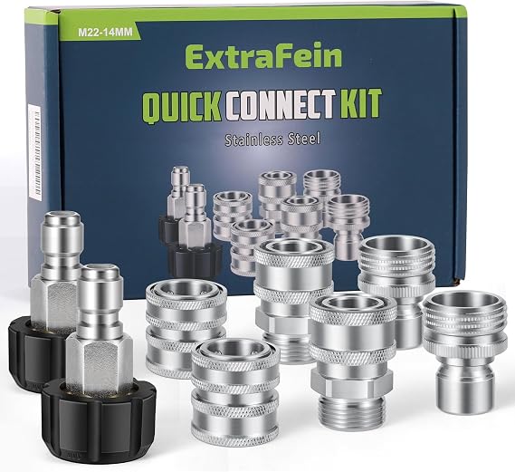 Premium Pressure Washer Quick Connect Kit M22 14mm Power Washer Adapter Set | M22 Swivel to 3/8'' Quick Connect, 3/4'' to Quick Release, Quick Connect Pressure Washer Fittings (Stainless Steel)