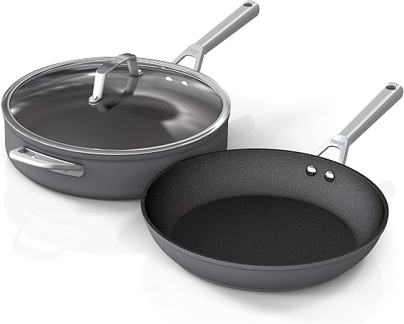 Ninja C33000 Foodi NeverStick Premium 3-Piece Cookware Set, 12-Inch Fry Pan, 5-Quart Saute Pan with Glass Lid, Hard-Anodized, Nonstick, Durable & Oven Safe to 500F, Slate Grey