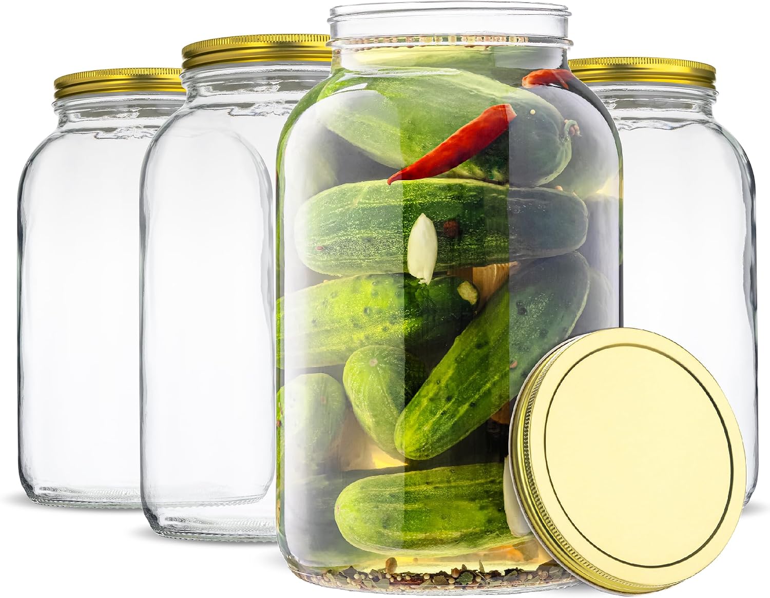 kitchentoolz 1 Gallon Glass Large Mason Jar Wide Mouth with Metal Airtight Lids 4 Pack - Fermentation Kombucha Kefir Kimchi - Storing Canning Pickling Containers -Gold Lids