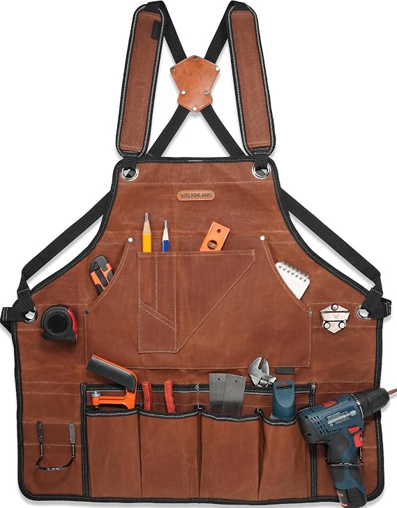 WELKINLAND 11-Pockets Waxed-Canvas Tool Apron, Heavy-Duty Woodworking Apron | Easy-Access Carpentry Aprons For Men, Fully-Adjustable Wood Shop Apron, Comfy Work Shop Aprons For Men, Canvas Tool Apron