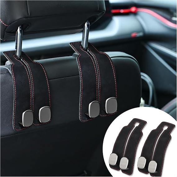 2PCS Suede Car Double Hook, Universal Car Seat Back Storage Organiser Hooks, Auto Headrest Hook, Car Seat Purse Hook for Bags, Grocery, Handbags (Suede-Black)