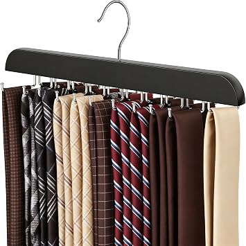 Tie Rack Hanger with 20 Foldable Metal Hooks, Space Saving Necktie Organizer for Men, Large Capacity, Wooden, Black