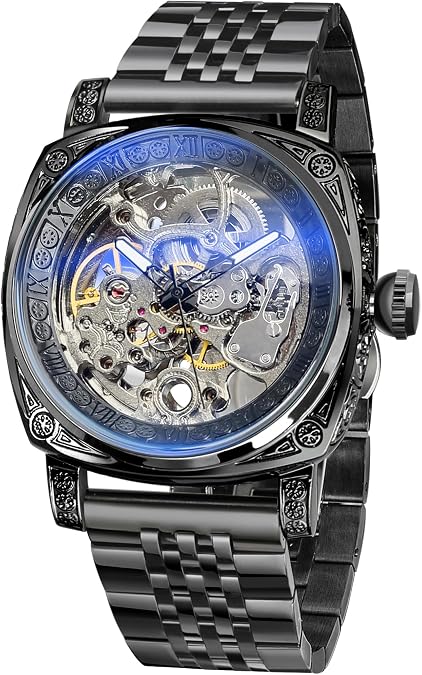 FORSINING Watches for Man, Square Retro Mechanical Watch Self-Wind Carved, Skeleton Automatic Watches Vintage Leather Strap Wristwatch