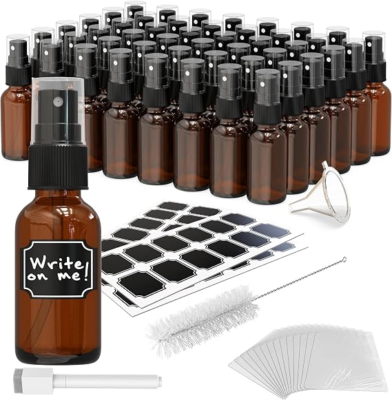 Nevlers Amber Glass Small Travel Spray Bottle 1 Oz Mini Mister 48 Pack Set | Small Glass Spray Bottle with Shrink Wrap, Funnel, Brush, Marker & Labels | Refillable Mini Spray Bottle for Hair & Perfume