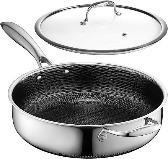 HexClad 4.5 Quart Hybrid Non-Stick Deep Saute Pan with Lid, Dishwasher, Oven Safe, Induction Safe for All Countertops