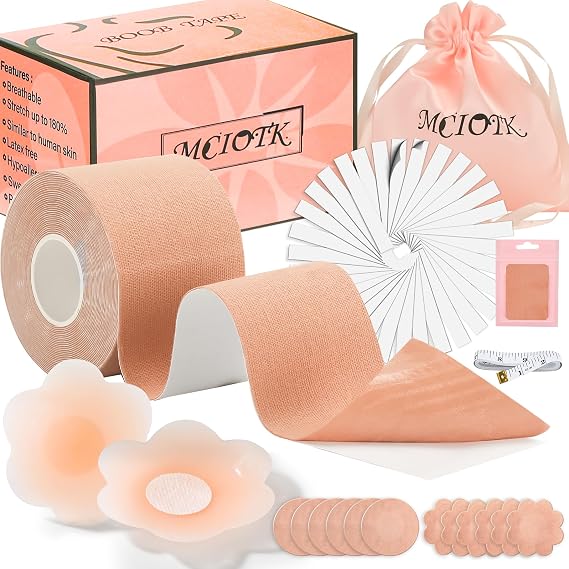 Mciotk Boob Tape,Breast Lift Tape Kit with Nipple Covers,2"x16.4ft Roll Set | 12 satin petals, 36 double-sided fashion tape strips, measuring stick, skin test patch, step-by-step instructions