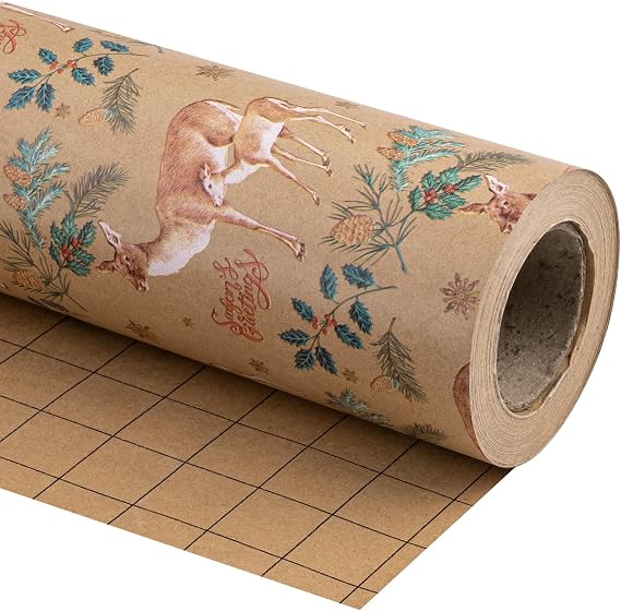 WRAPAHOLIC Kraft Christmas Wrapping Paper - Mini Roll - 17 Inch x 33 Feet - Reindeer Wrapping Paper with Holly Design for Christmas, Holiday, Party Celebration