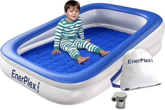 EnerPlex Kids Inflatable Travel Bed with High Speed Pump, Portable Blow up Toddler Air Mattress with Sides Built-in Safety Bumper - Blue