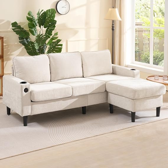 L-shaped Sofa Couch with USB & Cup Holder, Modern Fabric Corner Sofa with Ottoman, 3 Seater Sectional Couches Settee for Compact Spaces, Beige Upholstered Chaise Lounge for Living Room Bedroom Office