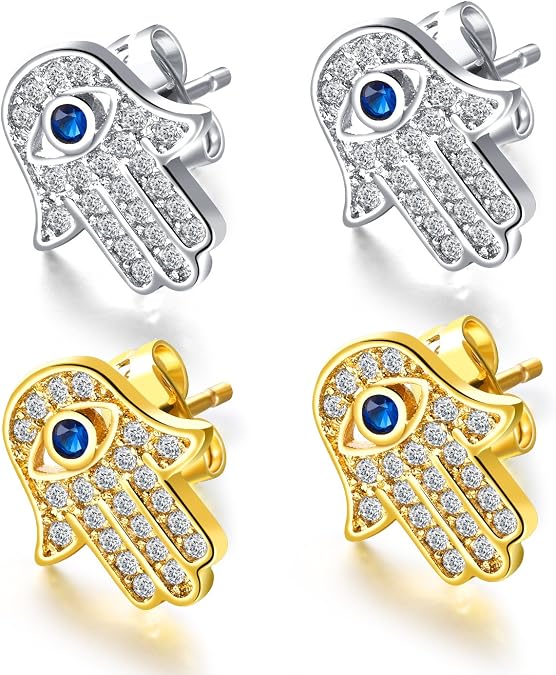 Yellow Gold/White Gold Plated Evil Eye and Hamsa Hand of Fatima White Blue Cubic zircon crystal Stud Earrings For Women