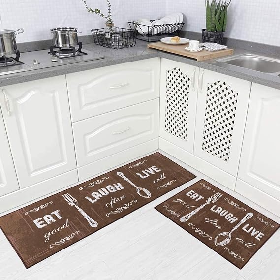 Carvapet 2 Piece Kitchen Rug Set Coffee Design Washable Mats | Non slip kitchen mats with rubber backing, includes runner and doormat for farmhouse kitchens, sinks and entryways