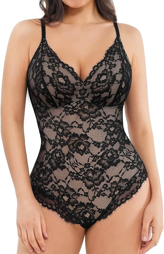 Popilush Shapewear Bodysuit V Neck Tummy Control Backless Lace Tank Tops Sleeveless Thong Bodysuit