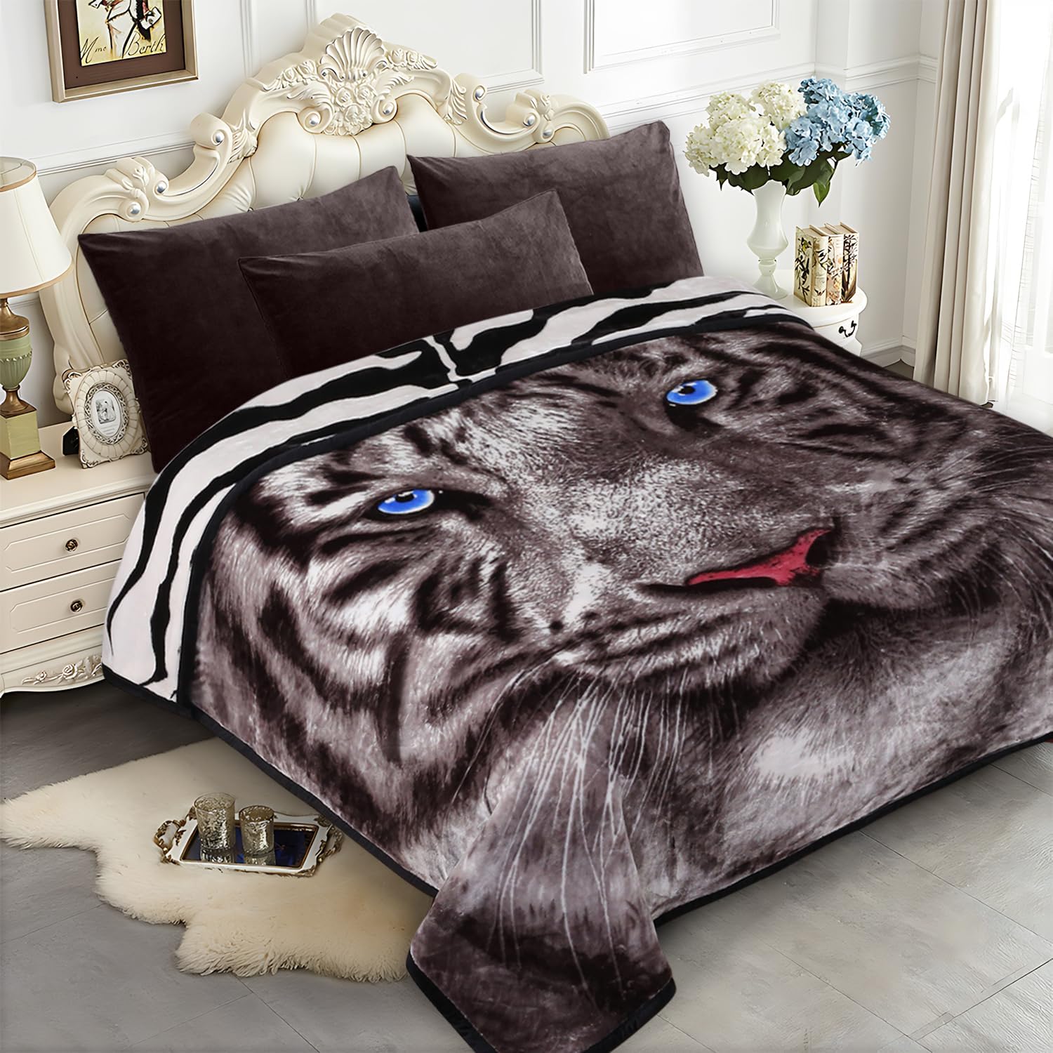 Tiger Pattern Korean Mink Blanket Blanket Queen Size 5 LB, 2 Ply Reversible Soft and Fluffy Flannel Blanket, Breathable Pluss Cozy Fleece Blanket for Autumn, Winter 75x87 Inches - Tiger