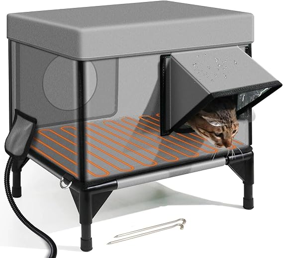 Outdoor Cat Shelter, Weatherproof Elevated Base Heated Cat House, Cat House for Outside Winter with Safe Escape Door & Magnetic Lock (Light Green S)