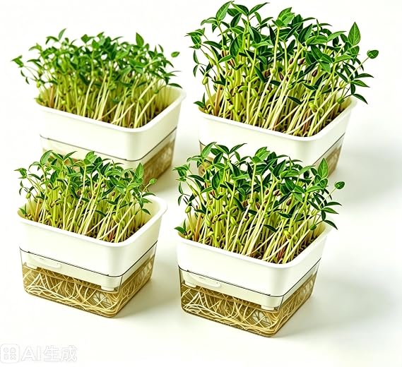 QISHENG - 4 Pack Microgreens Grow Kit,Soil-Free Cultivation Germination Tray,BPA-Free Indoor Sprouting Kit for Growing Bean Sprouts/Organic Seeds/Broccoli/Alfalfa/Radish/Clover (Beige)