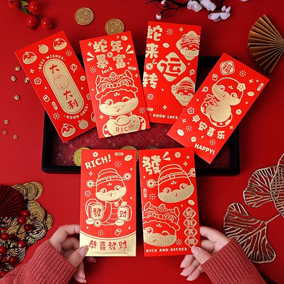 Mega-L Red Envelopes Chinese New Year of the Snake 2025, Large Lucky Money for Lunar New Year Red Packets Li Xi Hongbao LaiSee Ampao Interoffice Envelopes with 6 Gold Embossed Patterns (6.6*3.5in)