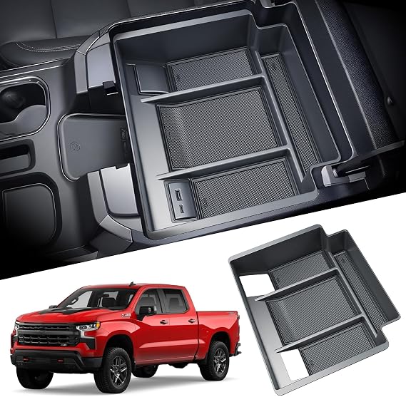For 2025 Chevrolet Silverado Console Organizer - Refreshed Models 2022-2025 Chevy Silverado 1500& 2024-2025 Silverado 2500 3500 Full Console Organizer Tray - (Full Console w/Bucket Seats ONLY) - Black