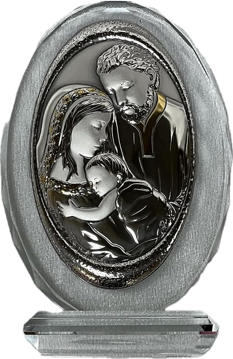Italian Argento Holy Family Silver Icon on Glass with Crystal