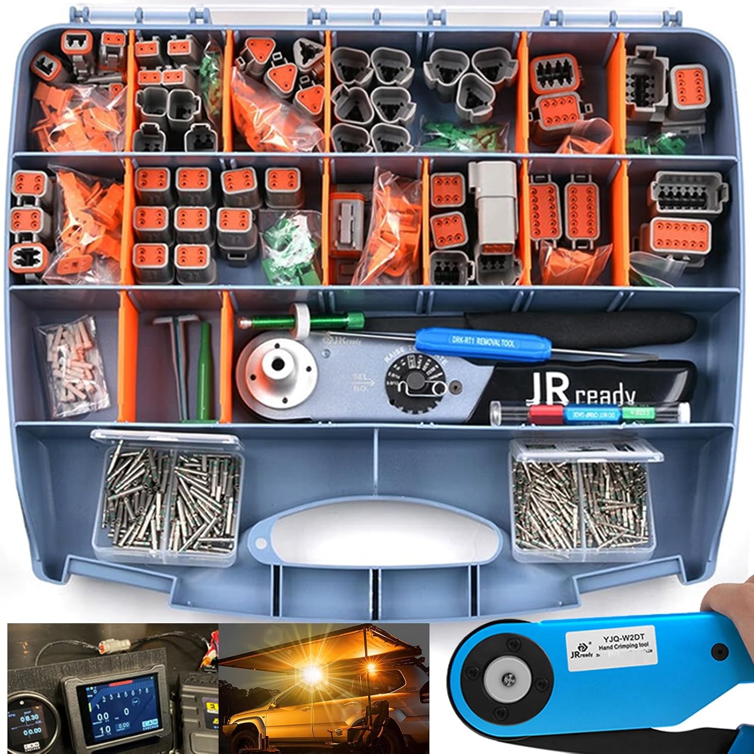 JRready ST6110 Deutsch Connector Kit with Crimper-2 Pin Waterproof Connector,3 4 6 8 12 Pin DT Connectors,Deutsch Crimp Tool 14-22AWG,Size 16 Solid Contact for Truck, Motorcycle,Automotive