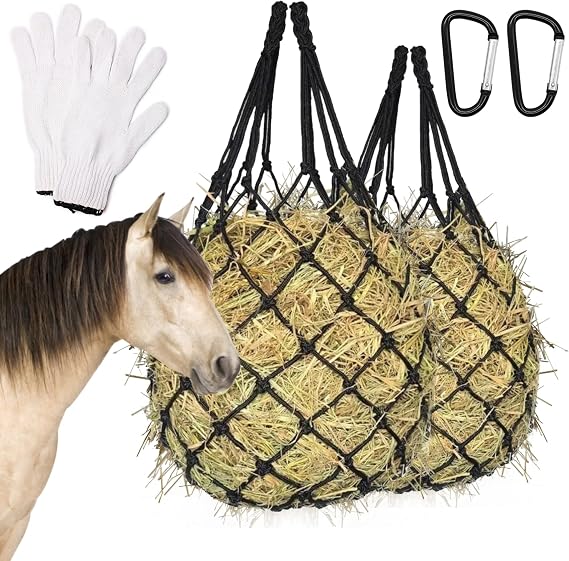 2PCS Hay Net for Horses - Ultra Slow Feed Hay Net with 2 Pairs Gloves, 2.36"x2.36" Holes 40 Heavy-Duty Horse Slow Feed Hay Nets for Stall, Trailer, Pasture - Strong & Durable Hanging Feeders