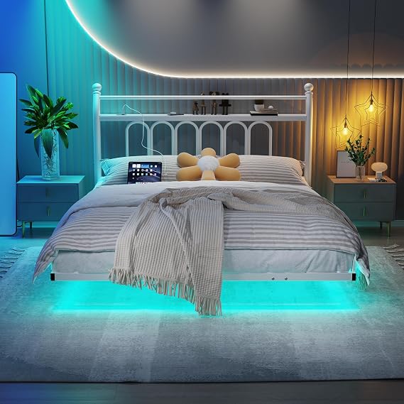 King Floating Bed Frame, 150 x 200 cm, White Metal